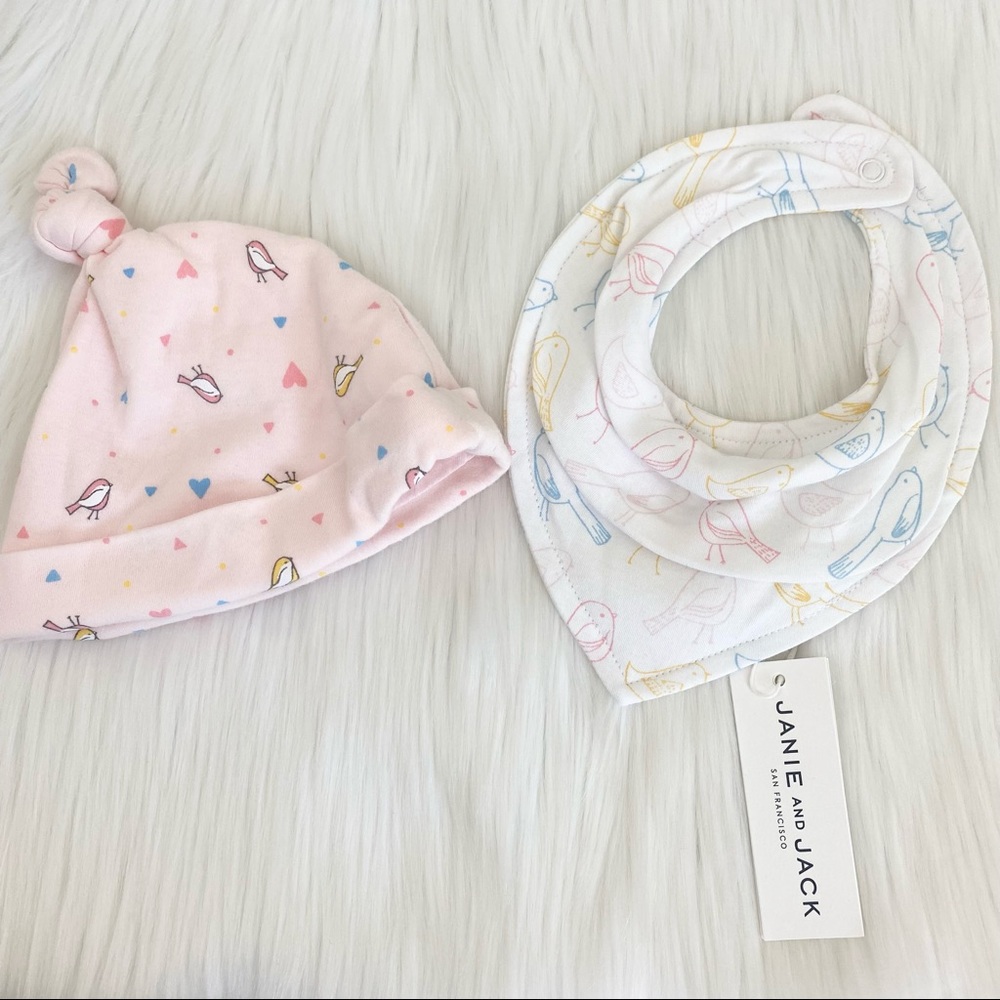 Janie and Jack baby girl set bird print bandana bib & hat